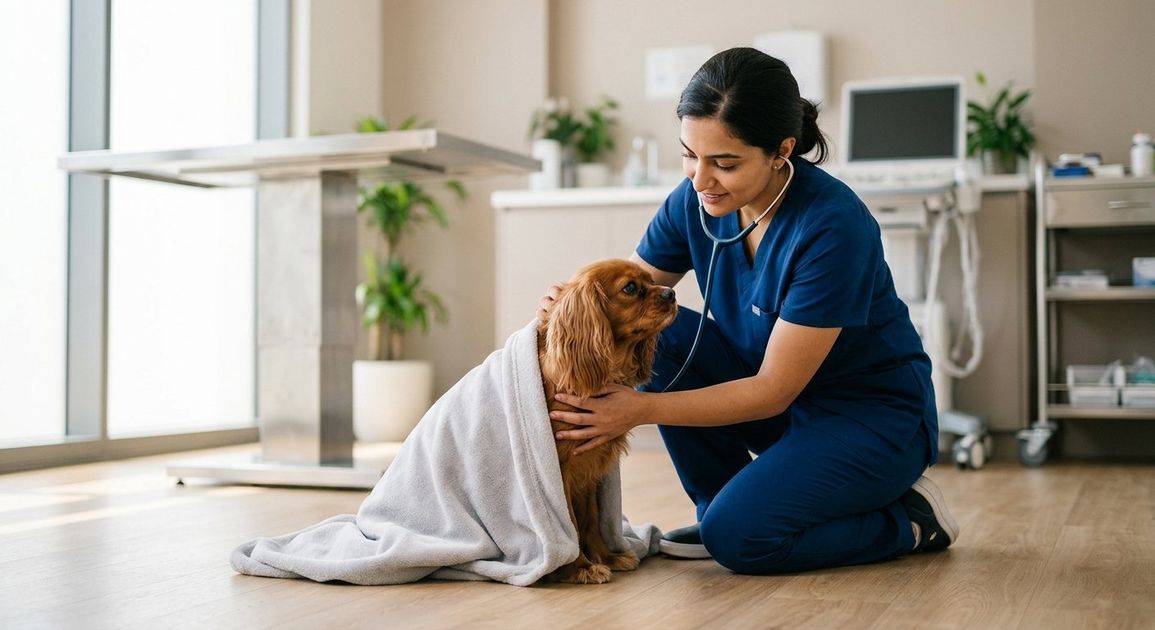 A dog resting during recovery after surgery at a Dubai veterinary clinic