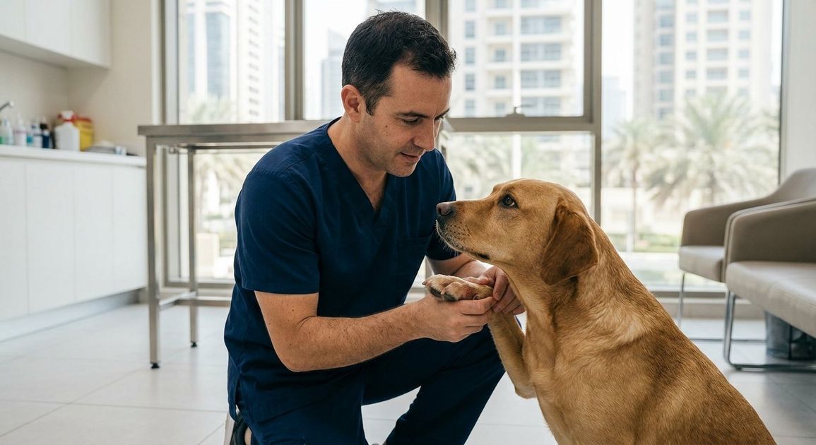 A dog being examined for itchy skin allergies at a veterinary clinic in Dubai