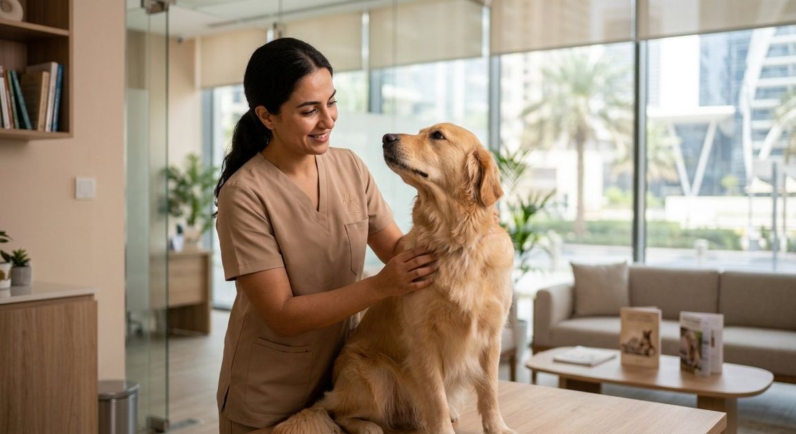 A dog coat being checked for ticks and fleas at a Dubai veterinary clinic