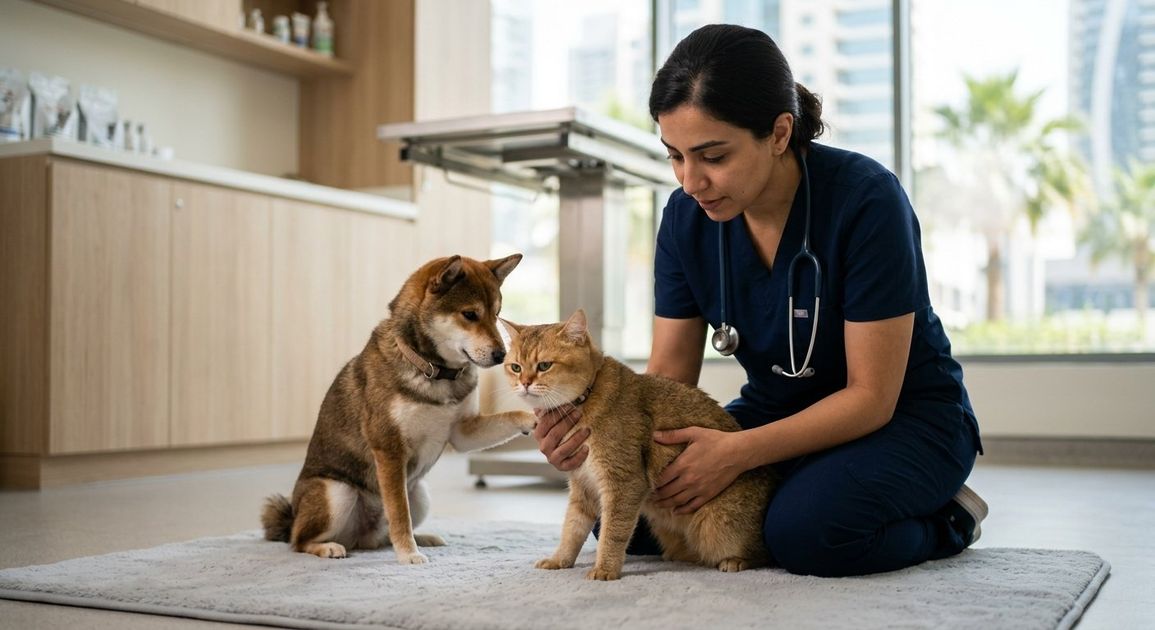 A dog being examined for vomiting and digestive problems at a Dubai clinic