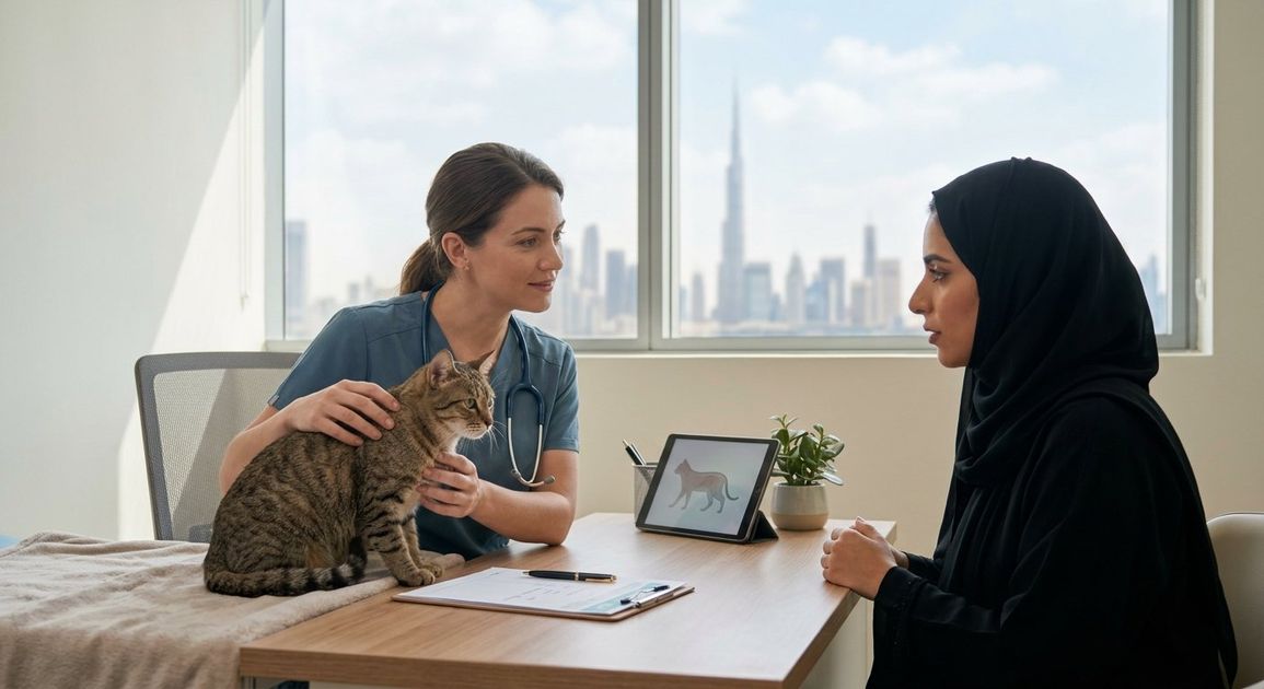 A veterinarian checking a cat for signs of kidney disease at a Dubai clinic