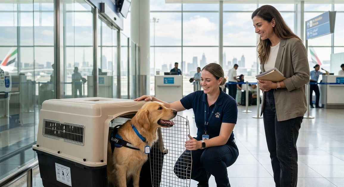 A pet in a travel crate being prepared for relocation from Dubai