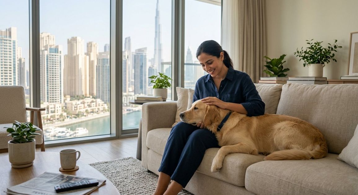 A dog resting calmly in a Dubai apartment, illustrating pet anxiety care
