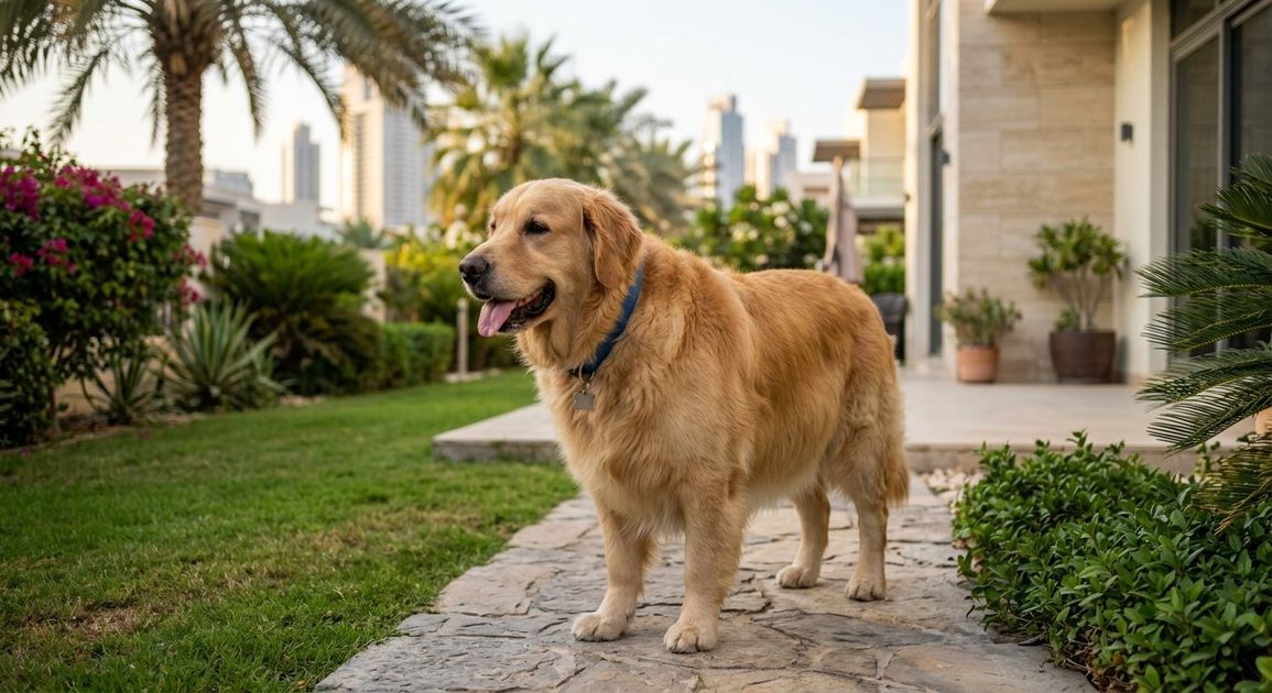 An overweight dog being weighed during a weight check at a Dubai veterinary clinic