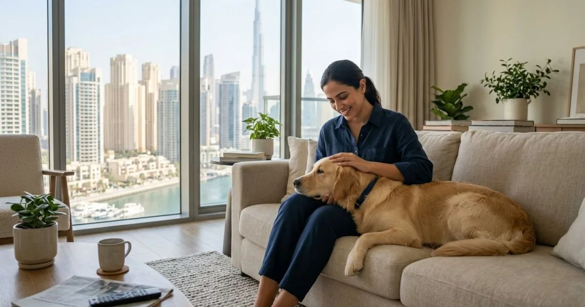 Woman calmly comforting a golden dog in a Dubai apartment