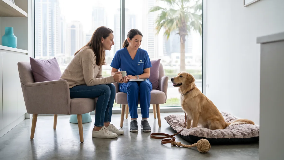 Pet-care scene illustrating what can look like separation anxiety but is not