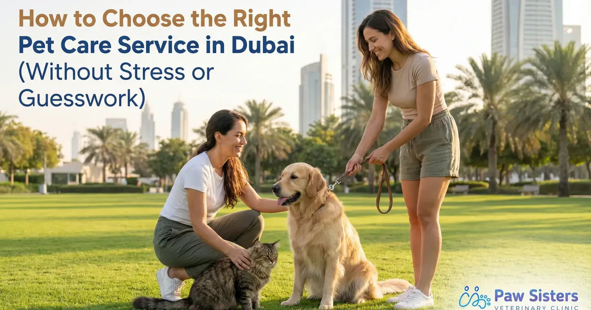 Two pet owners with a dog and cat in a Dubai park