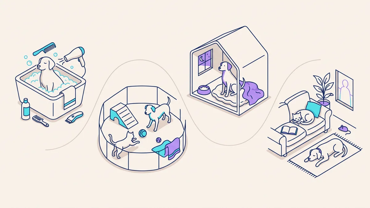 Veterinary illustration explaining grooming, daycare, boarding or home care: which fits?