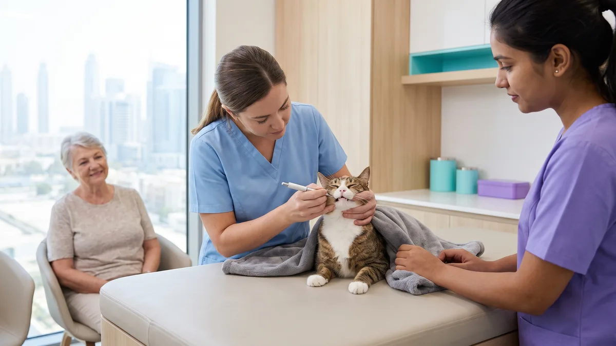 Pet-care scene illustrating what happens during pet dental cleaning?