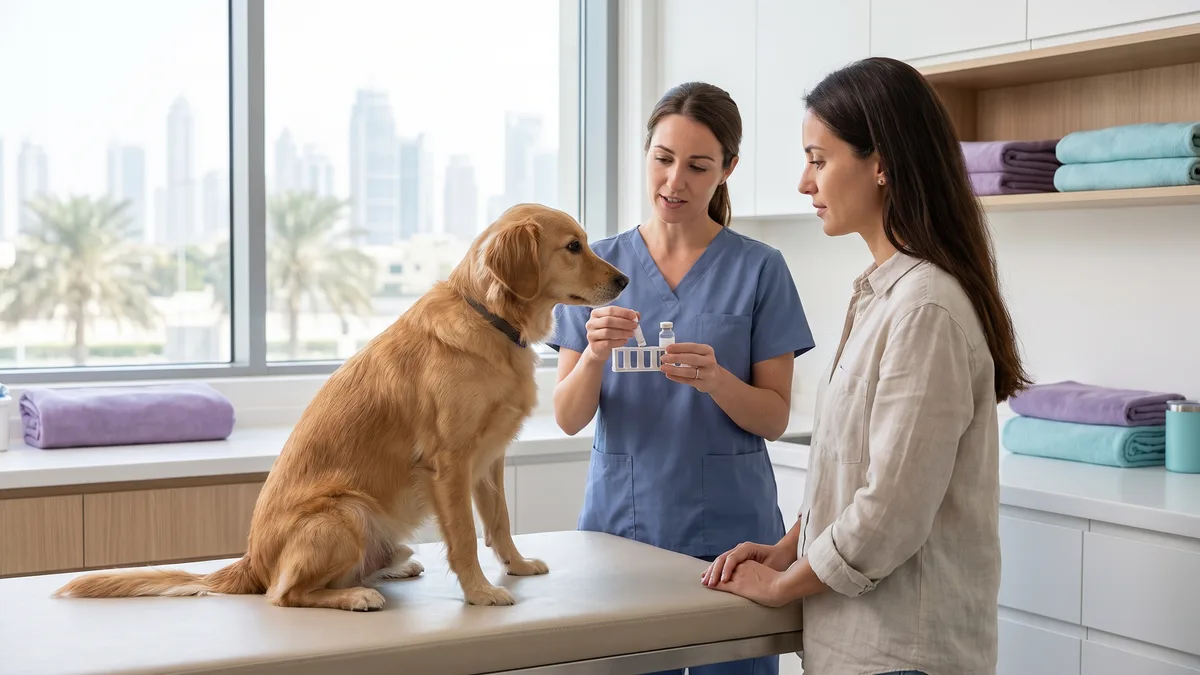 Pet-care scene illustrating what a chemistry panel measures