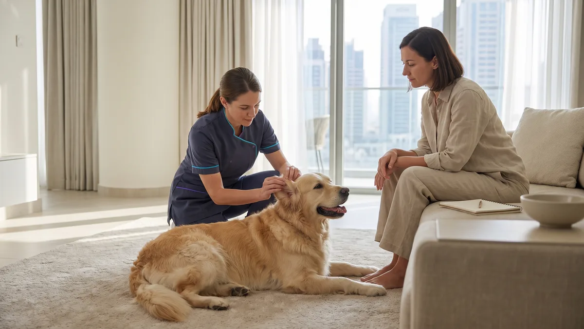 Pet-care scene illustrating a seven-point safety checklist before booking