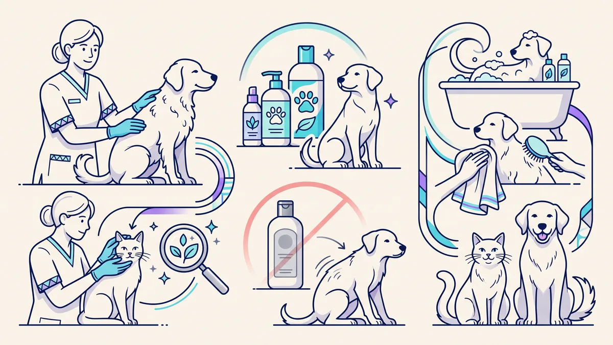 Veterinary illustration explaining product safety for cats, dogs and sensitive skin