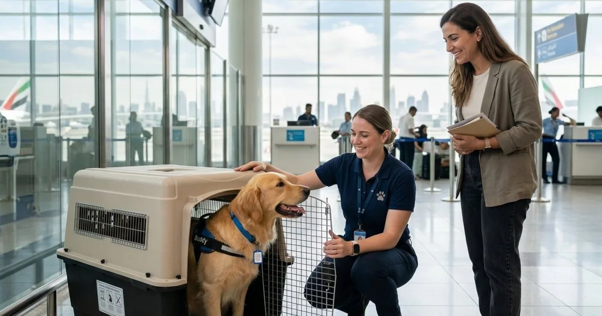 Dog resting in an airline travel crate during pet relocation from Dubai
