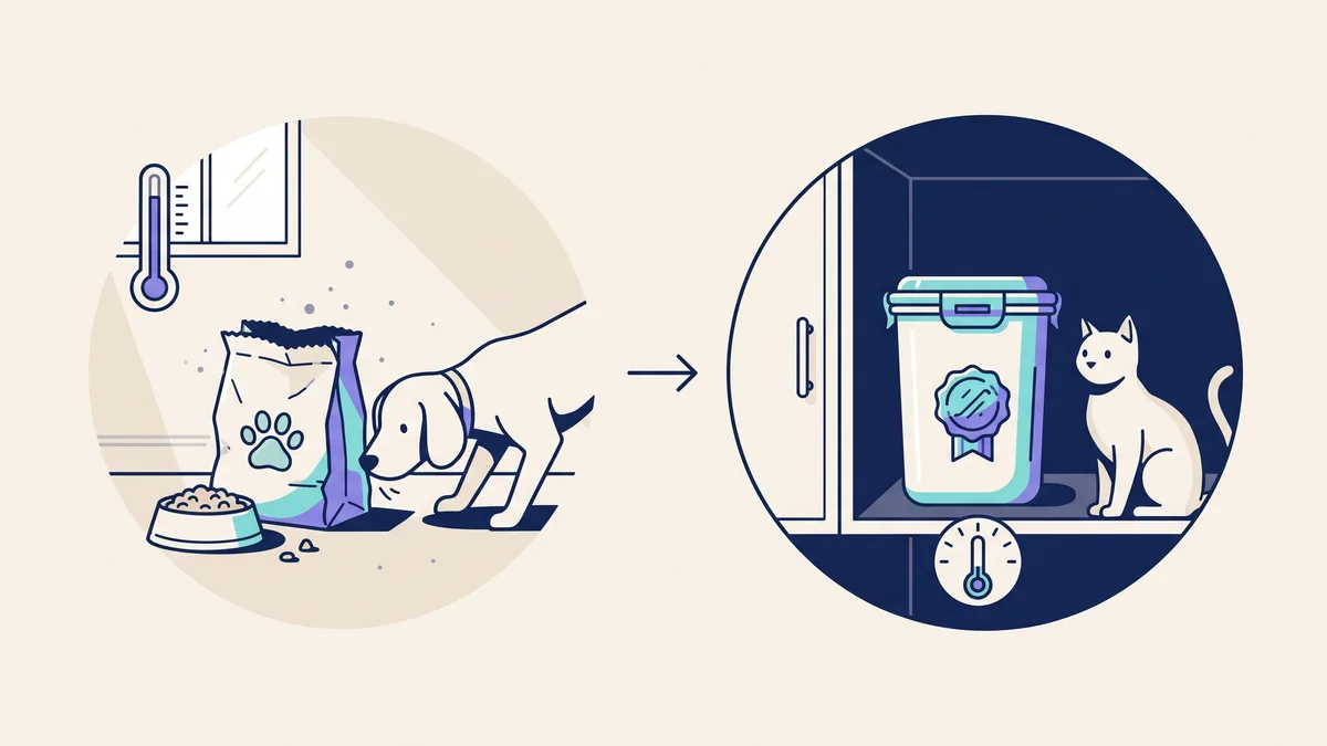 Veterinary illustration explaining how should pet food be stored at home?