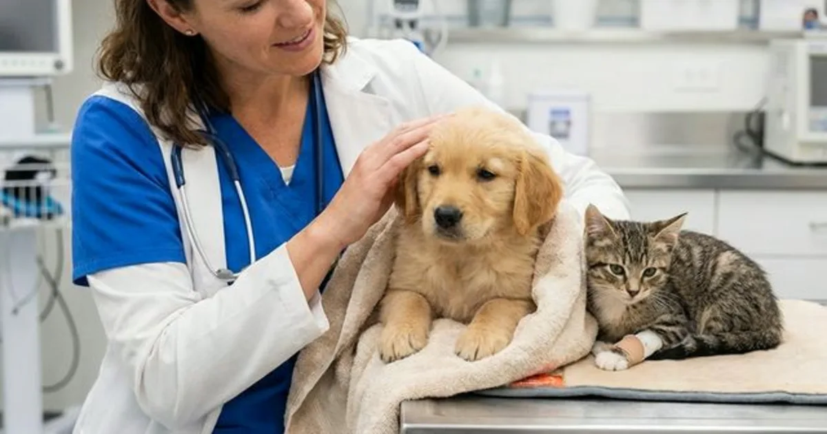 Veterinarian comforting a cat and puppy during a clinic visit