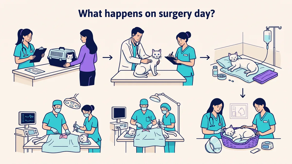 Veterinary illustration explaining what happens on surgery day?
