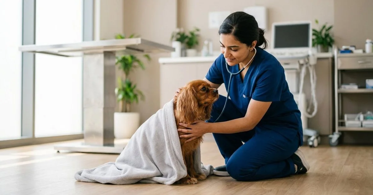 Veterinarian checking a dog wrapped in a blanket during postoperative recovery