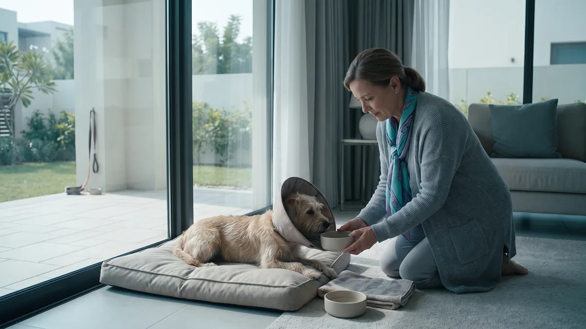 Pet-care scene illustrating food, water and toileting after anaesthesia