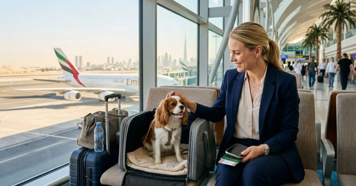 Traveller with a dog in a carrier and passport at Dubai airport