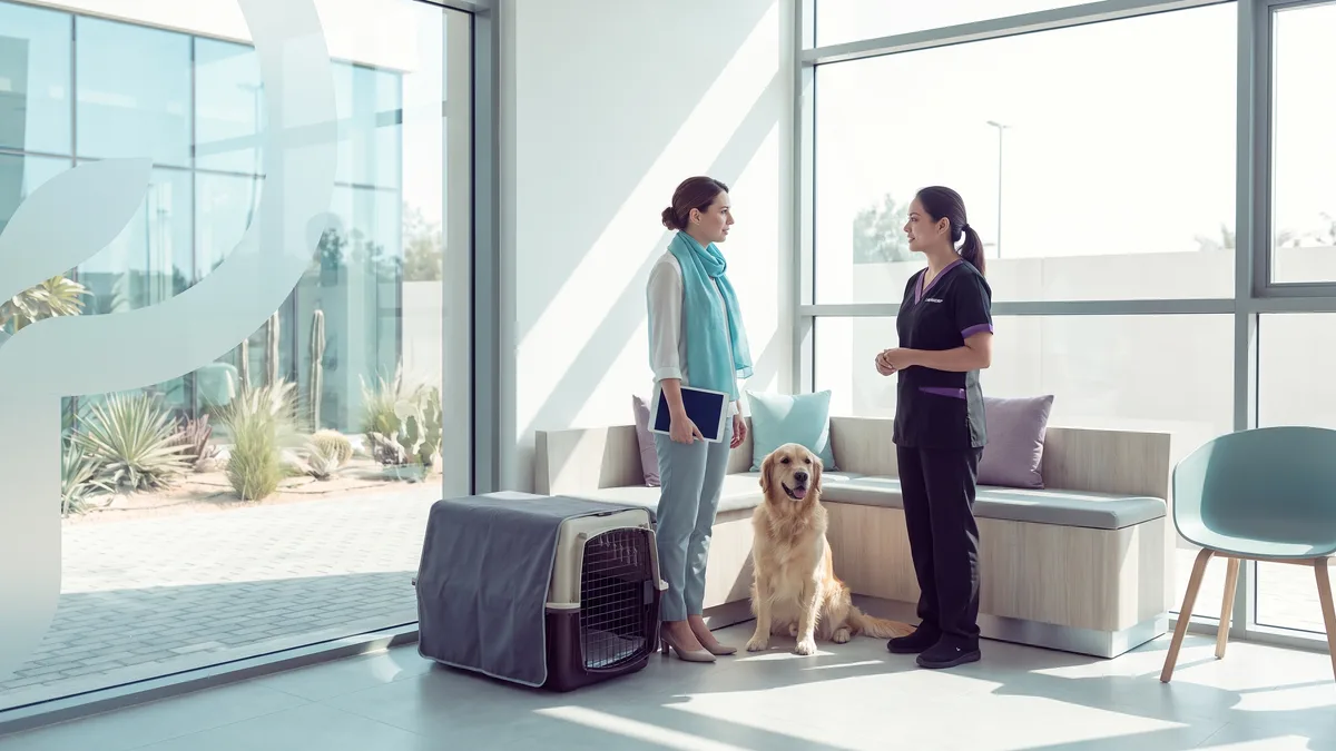 Pet-care scene illustrating is pet travel insurance required in dubai?