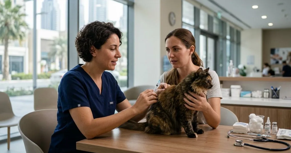 Veterinarian vaccinating a pet during a Dubai clinic visit