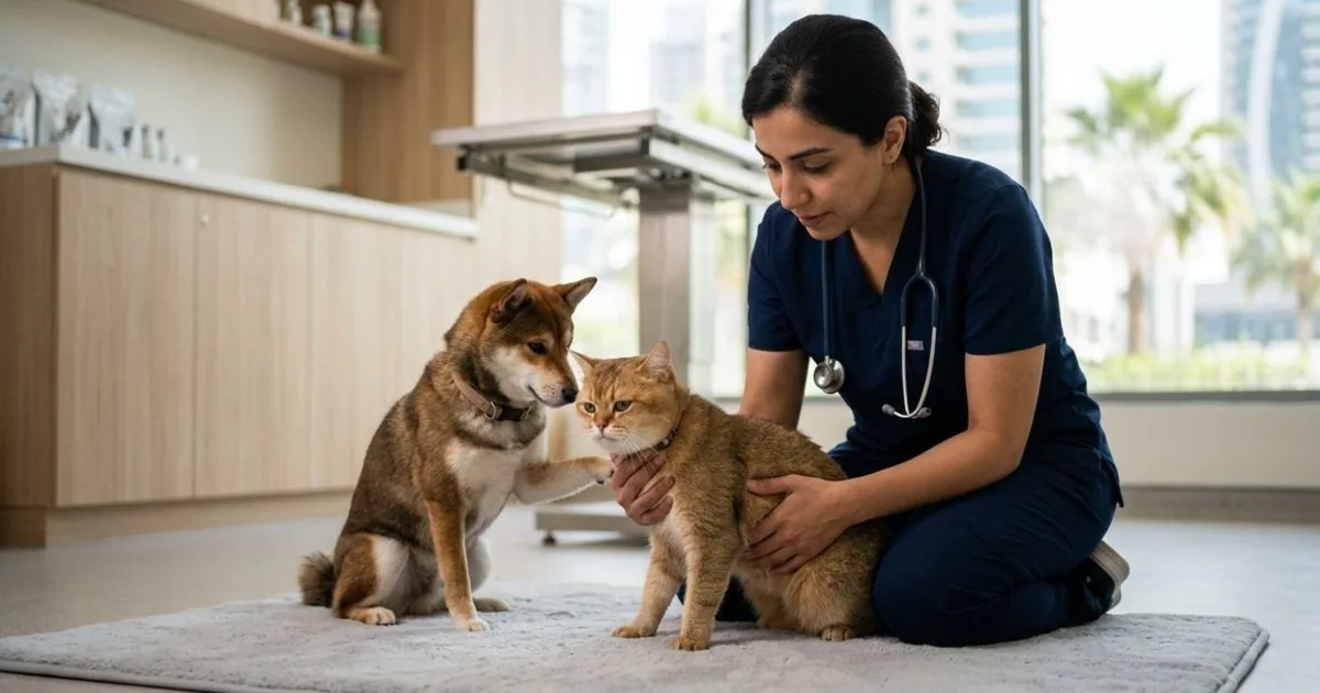 Veterinarian examining a cat while a dog waits nearby in a Dubai clinic
