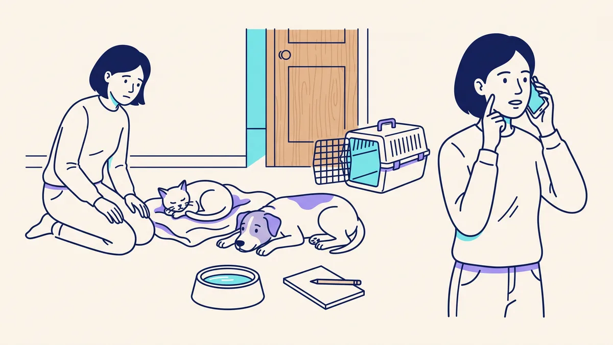 Veterinary illustration explaining what not to do at home
