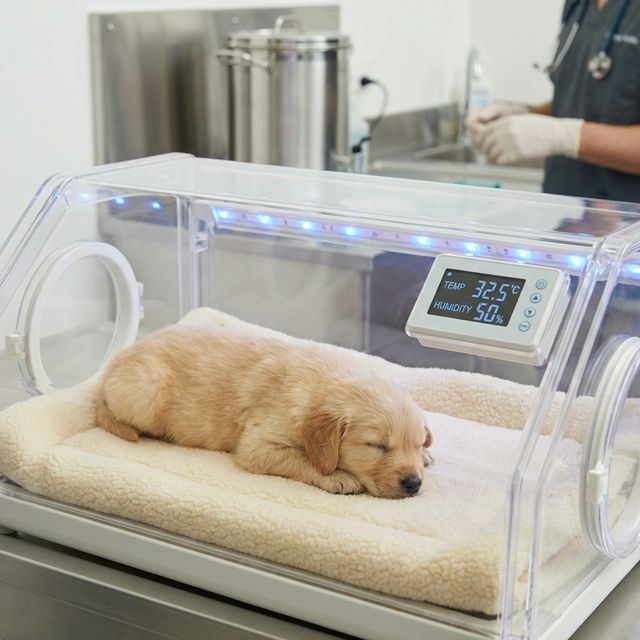 Newborn puppy resting safely in vet incubator after C-section