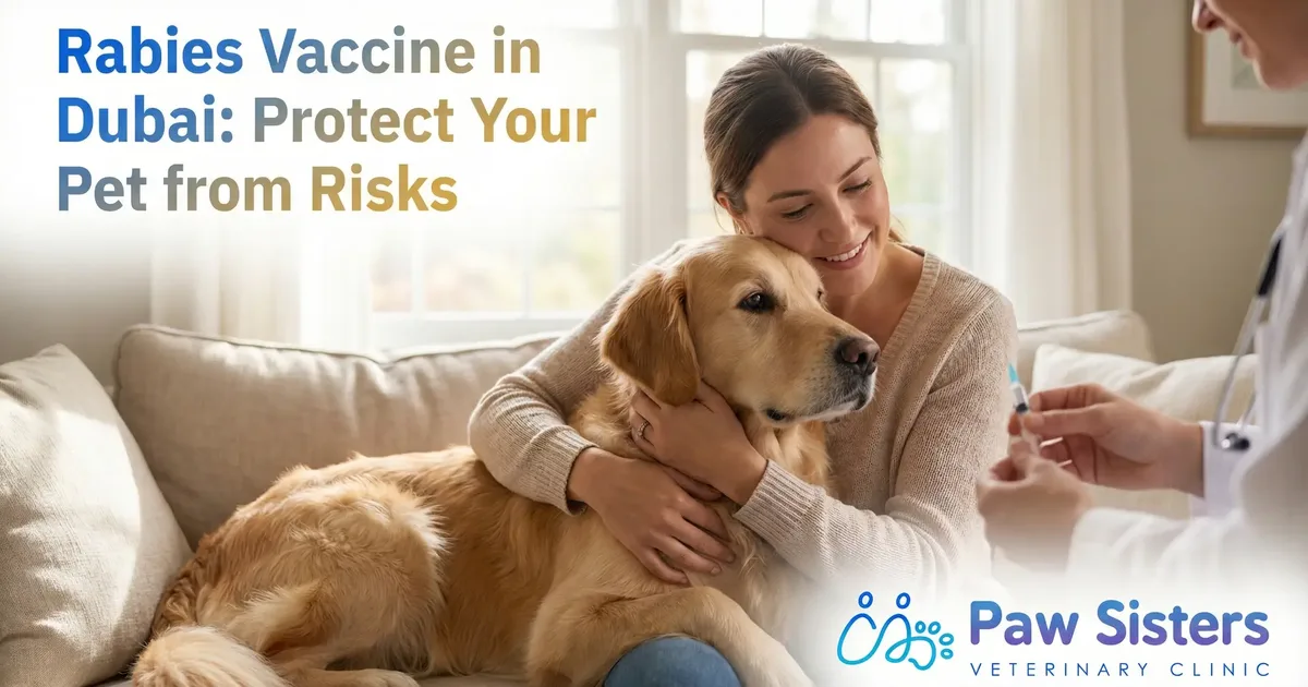 Dog owner comforting her pet while a veterinarian prepares a rabies vaccine