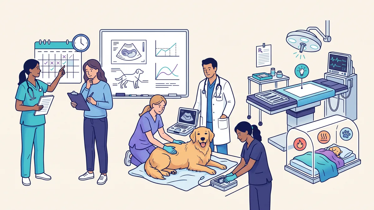Veterinary illustration explaining preparing for a planned c-section