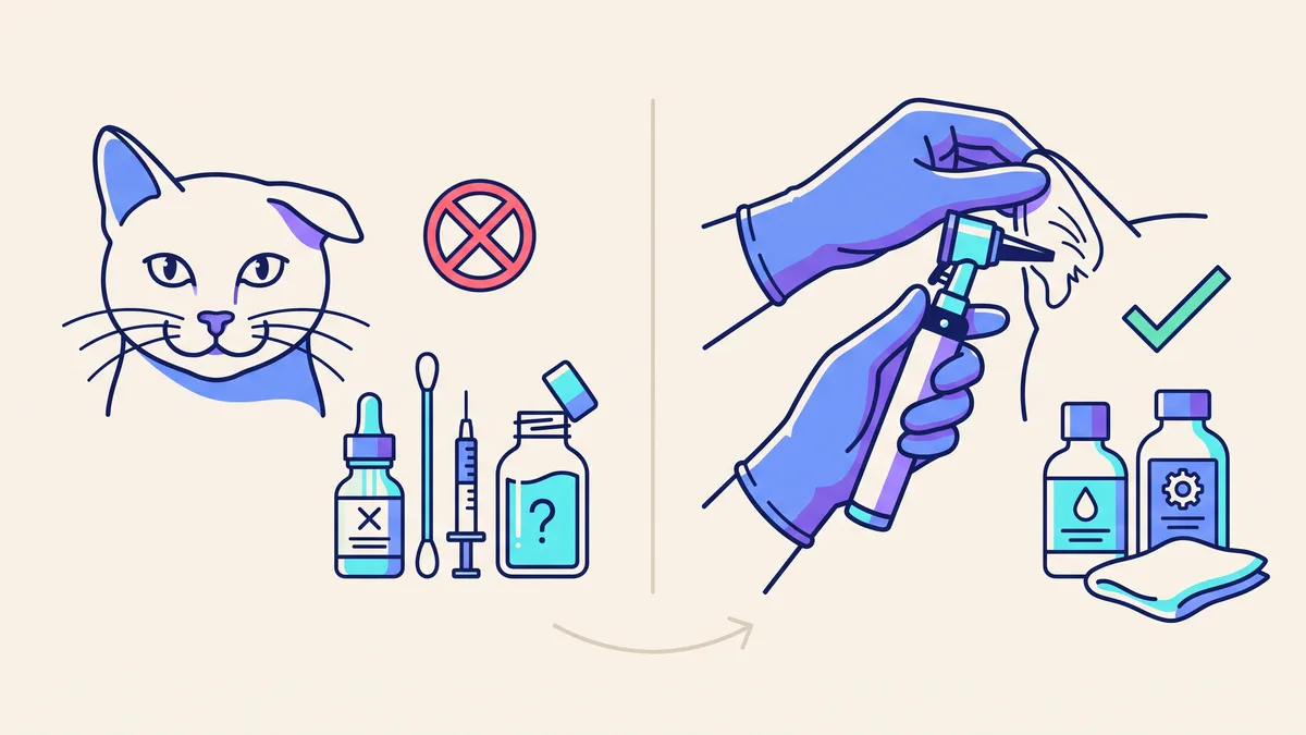 Veterinary illustration explaining what should you avoid putting in a cat's ear?