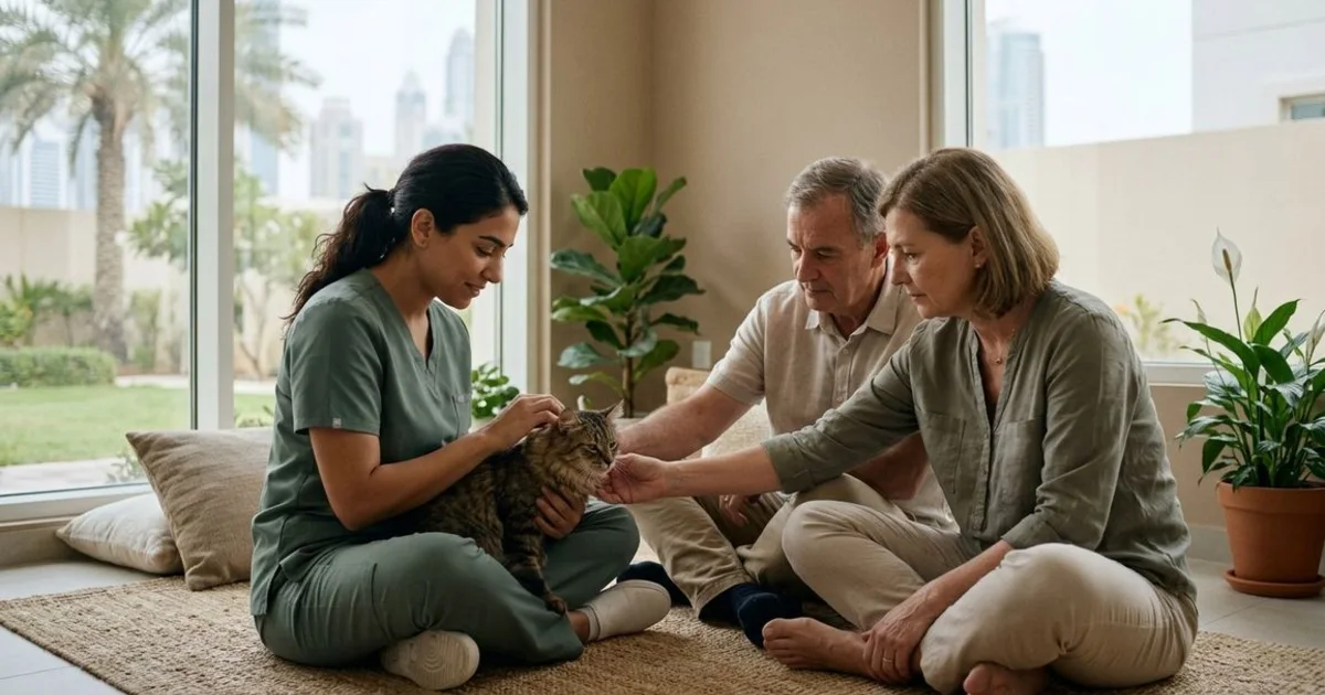 Veterinary professional and family comforting an elderly cat in a Dubai home