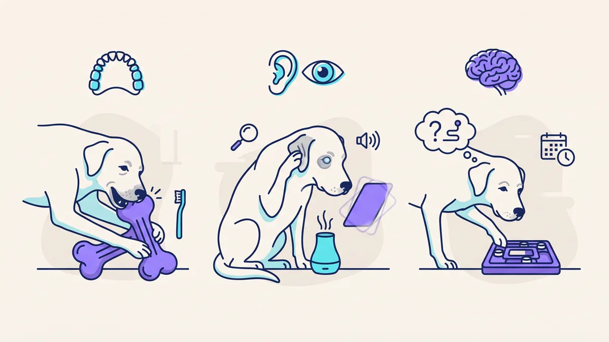 Veterinary illustration explaining dental, sensory, and cognitive changes