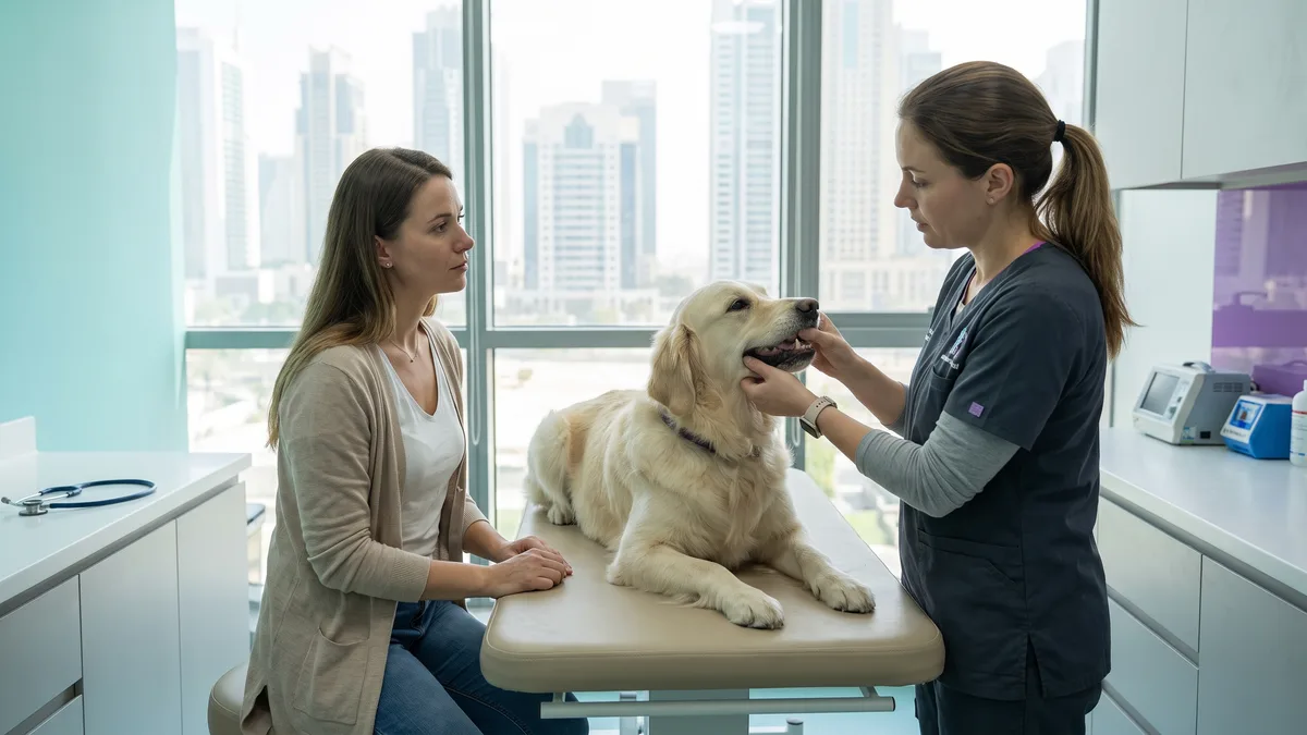 Pet-care scene illustrating collapse, severe weakness or abnormal gums