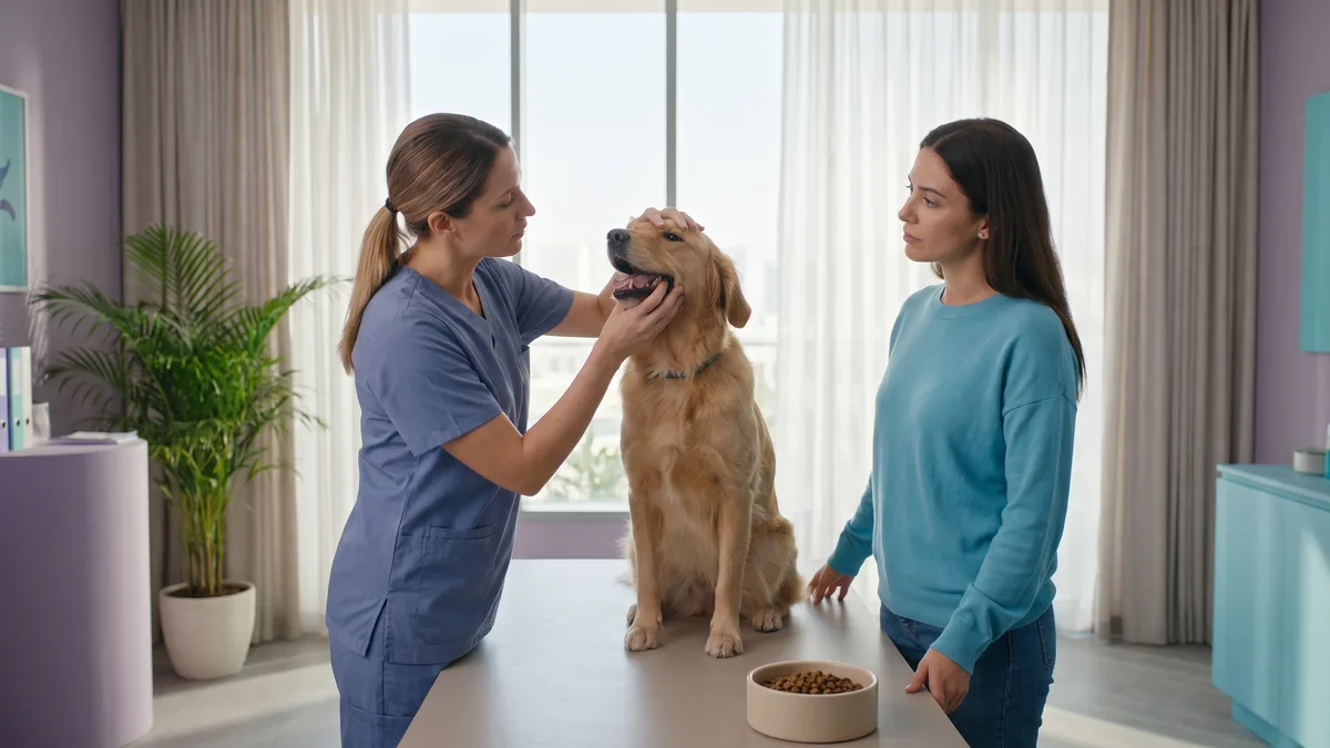 Pet-care scene illustrating why can a dog still eat with dental pain?
