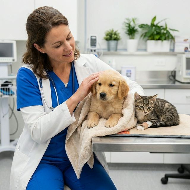 Compassionate veterinarian comforting a puppy after spay or neuter surgery