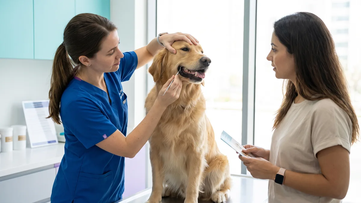 Pet-care scene illustrating why tartar alone does not reveal the stage