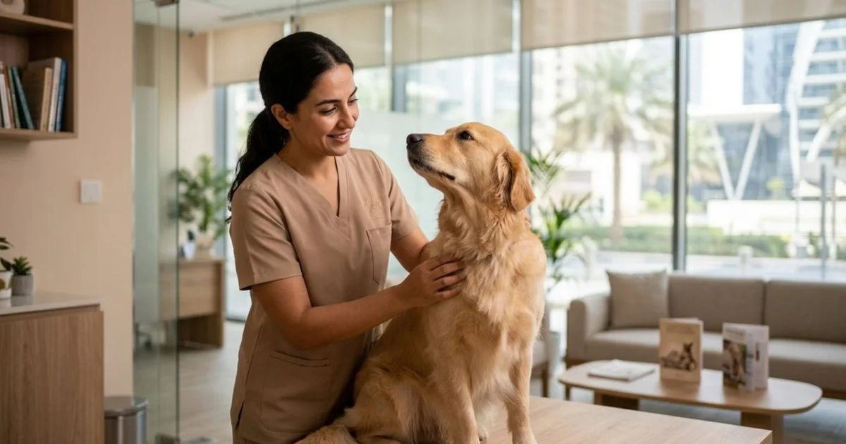 Veterinary professional checking a golden retriever's coat in a Dubai clinic