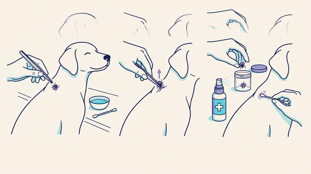 Veterinary illustration explaining how to remove an attached tick
