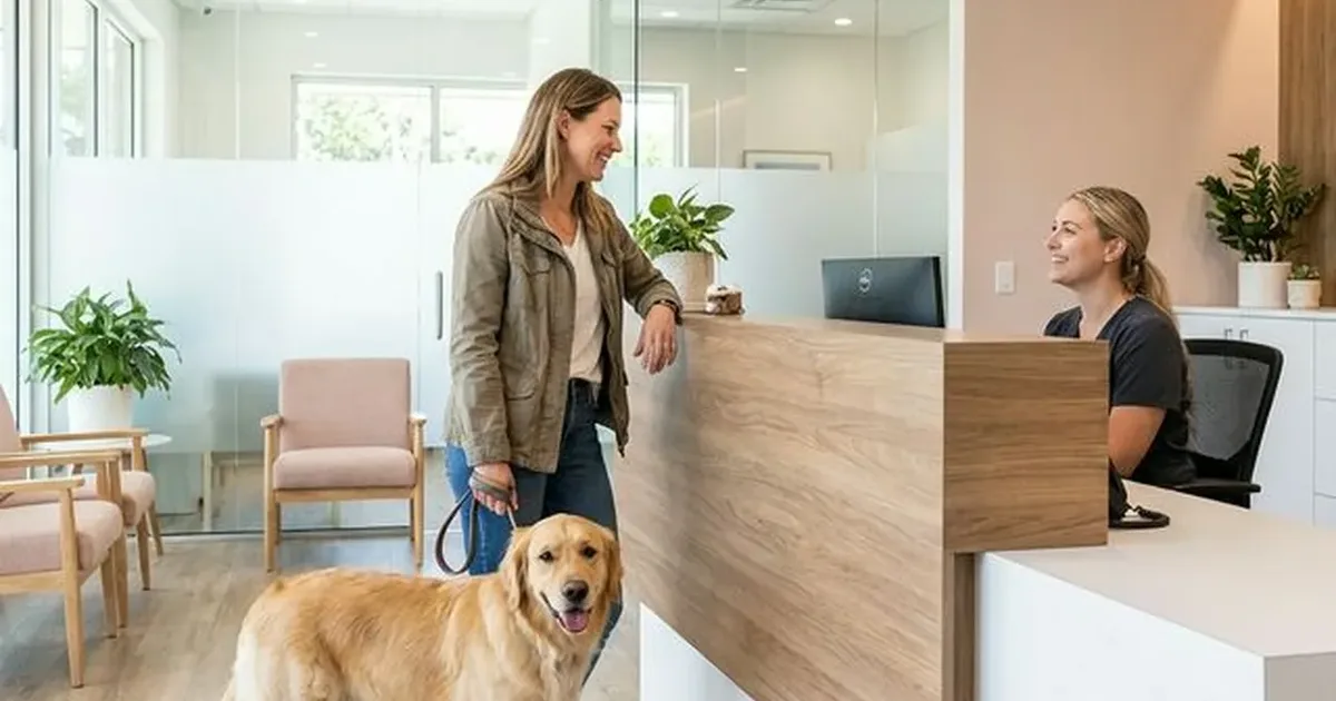 Dog owner speaking with a veterinary clinic receptionist