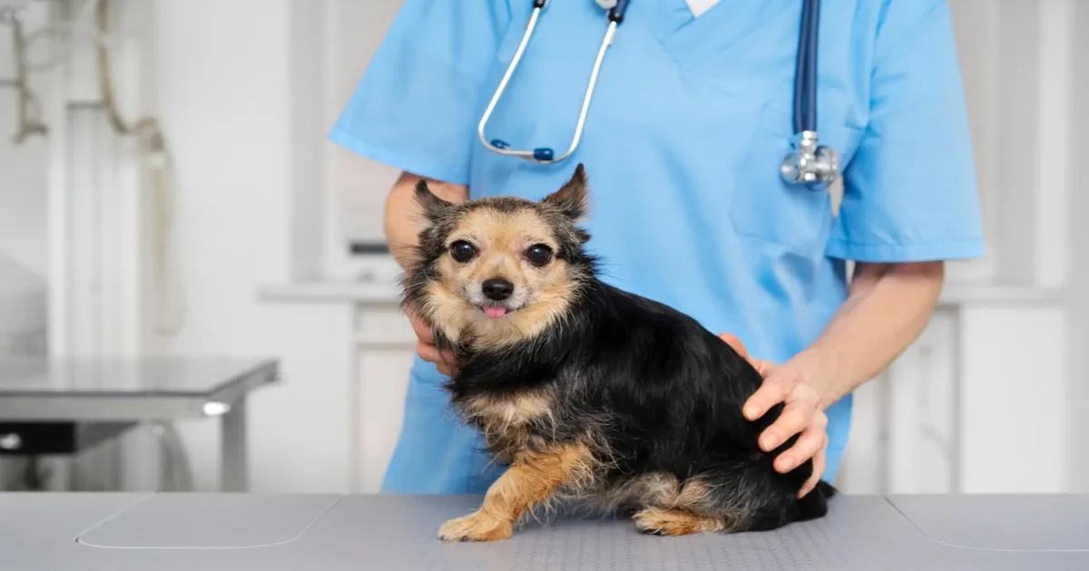 Veterinary professional examining a small dog during a routine pet health checkup