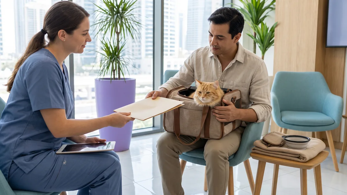 Pet-care scene illustrating what to bring to the appointment