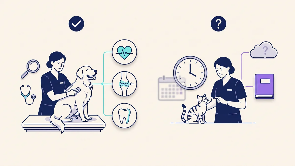 Veterinary illustration explaining what a checkup can identify and what it cannot guarantee