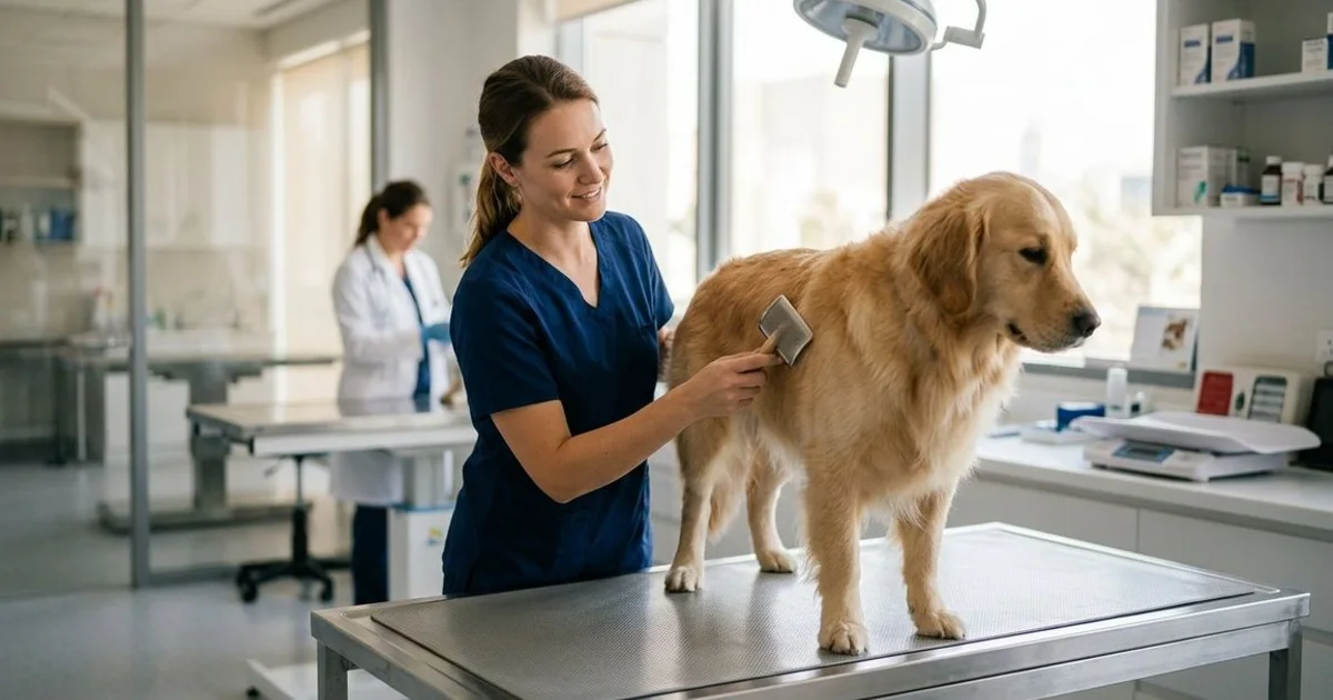 Veterinary professional brushing a golden retriever on a clinic examination table
