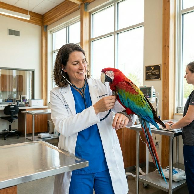 Veterinarian examining exotic pet macaw in Dubai