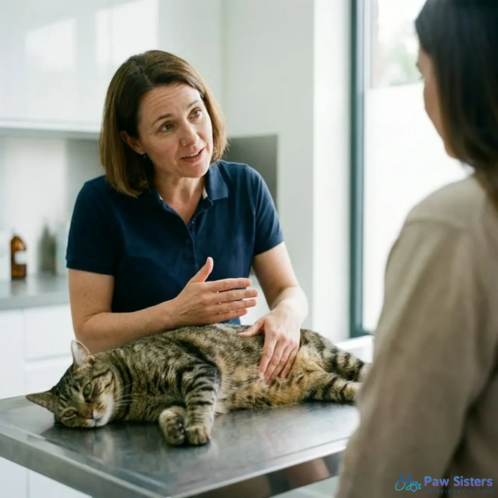 Veterinarian explaining medical procedure costs to cat owner in Dubai