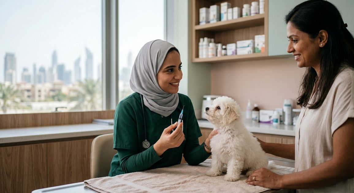 A high quality, photorealistic photograph for a business profile: Dubai Pet Vaccine Costs & Schedule: