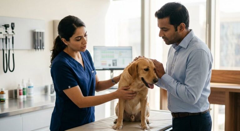 A high quality, photorealistic photograph for a business profile: Dubai Pet Health: Heatstroke & Risks