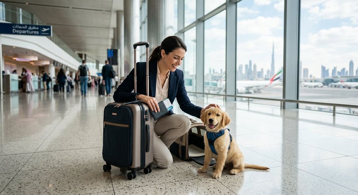 A high quality, photorealistic photograph for a business profile: Pet Travel Insurance Dubai: The Essential