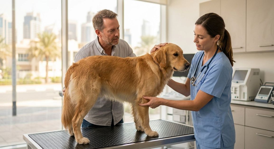 A high quality, photorealistic photograph for a business profile: Luxating Patella in Dogs: Dubai Surgery